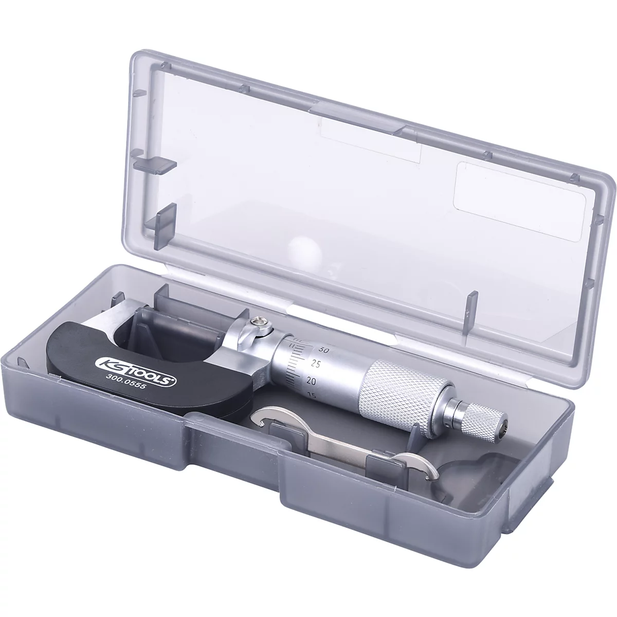 Messschieber in grauem Kasten, Marke KS Tools. Deckel geöffnet, ein kleiner Schraubenschlüssel liegt dabei.